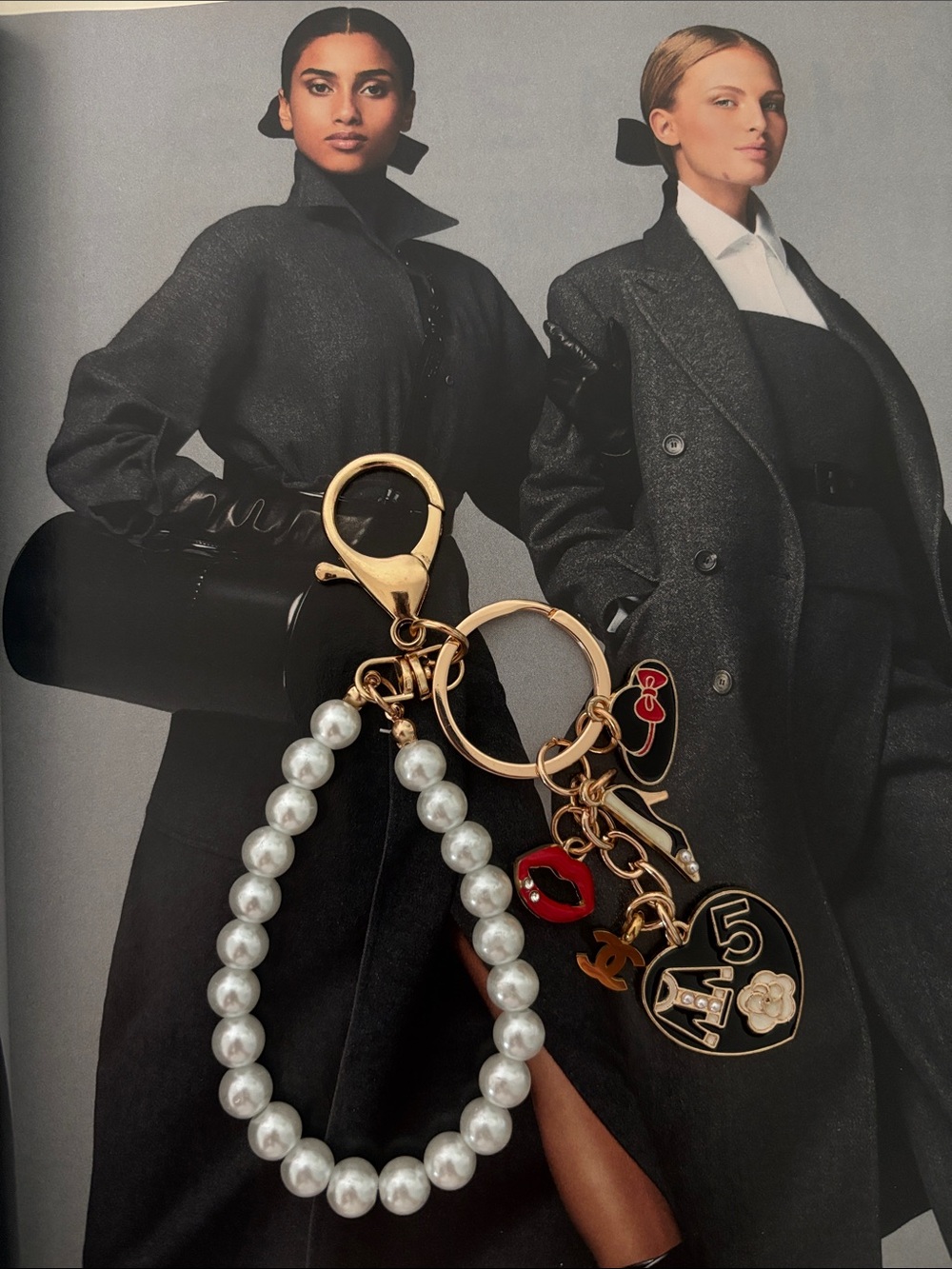 Pearl Beaded Charm Keyring with Gold-Tone Accents